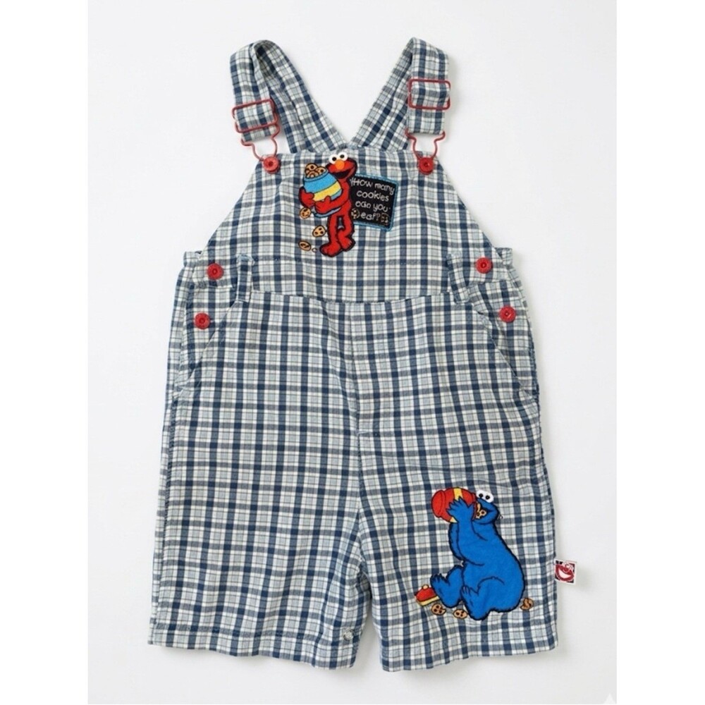 Vintage 90s Y2K Sesame Street Elmo Cookie Monster Plaid Overalls 3T RARE